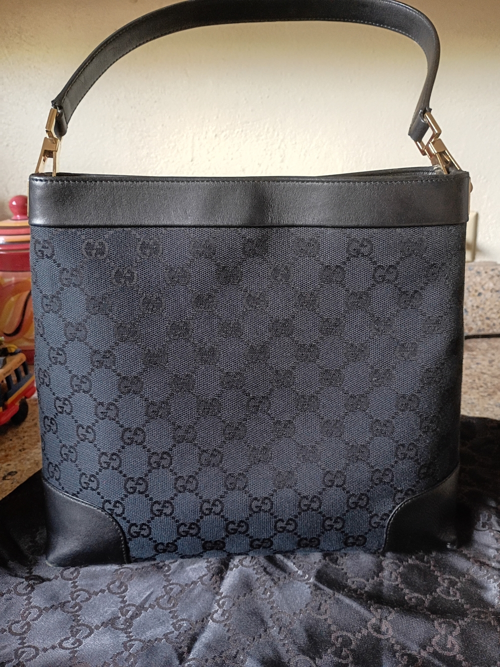 Gucci Black GG Monogram Canvas Shoulder Bag with Leather Trim.